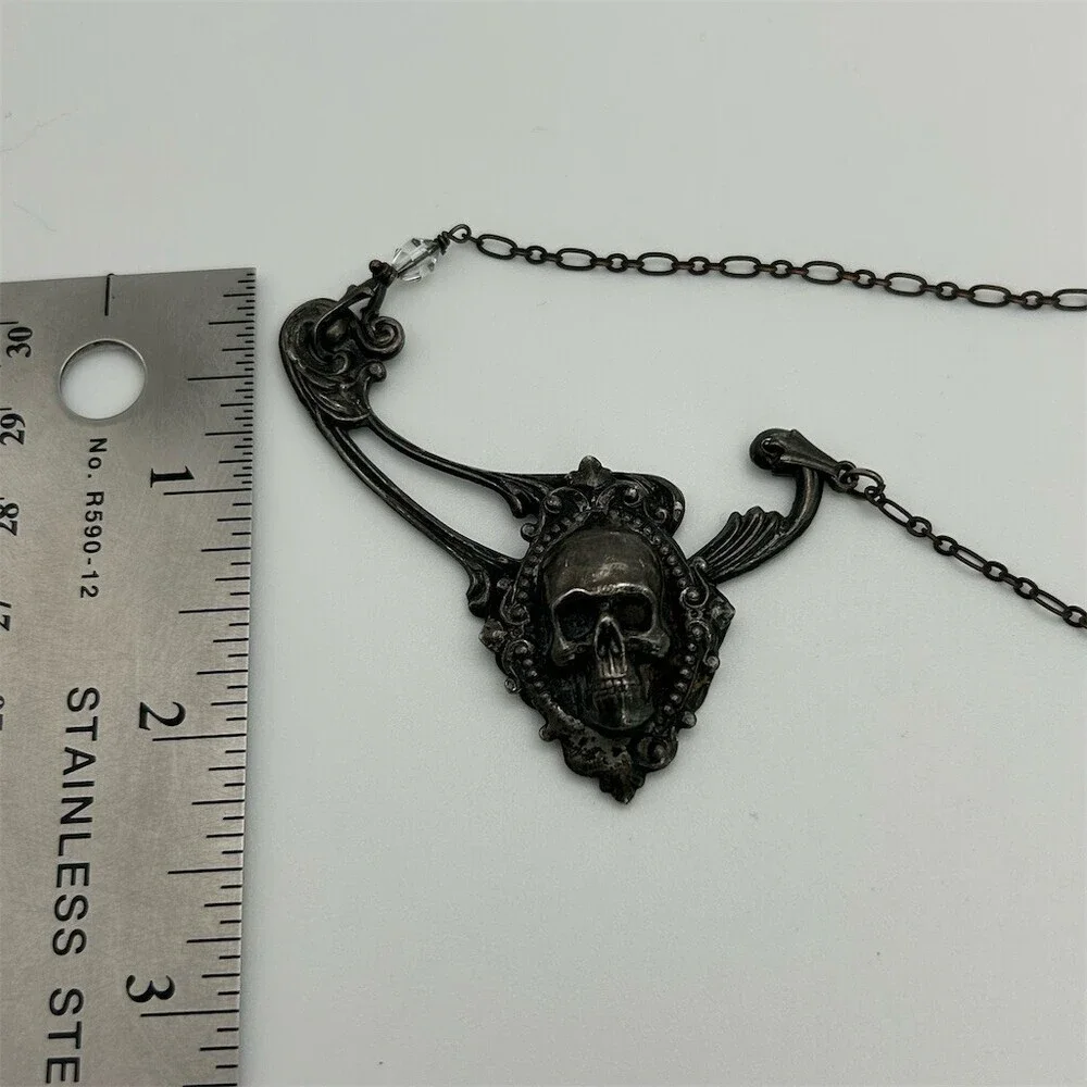 Gothic Skull Pendant Necklace Dark Romantic Victorian Style Statement 19 inches - Picture 10 of 11